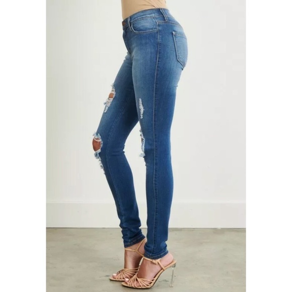 Destroyed Ripped Mid Rise Stretch Skinny Jeans - Picture 7 of 8